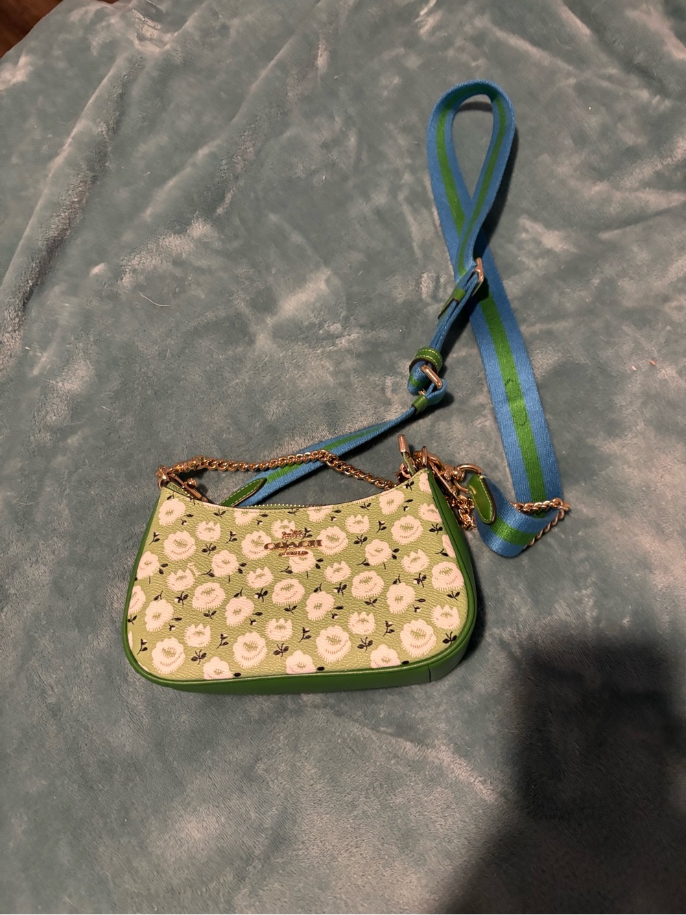 Coach Green Floral Mini Shoulder Bag with Blue-Green Web Strap